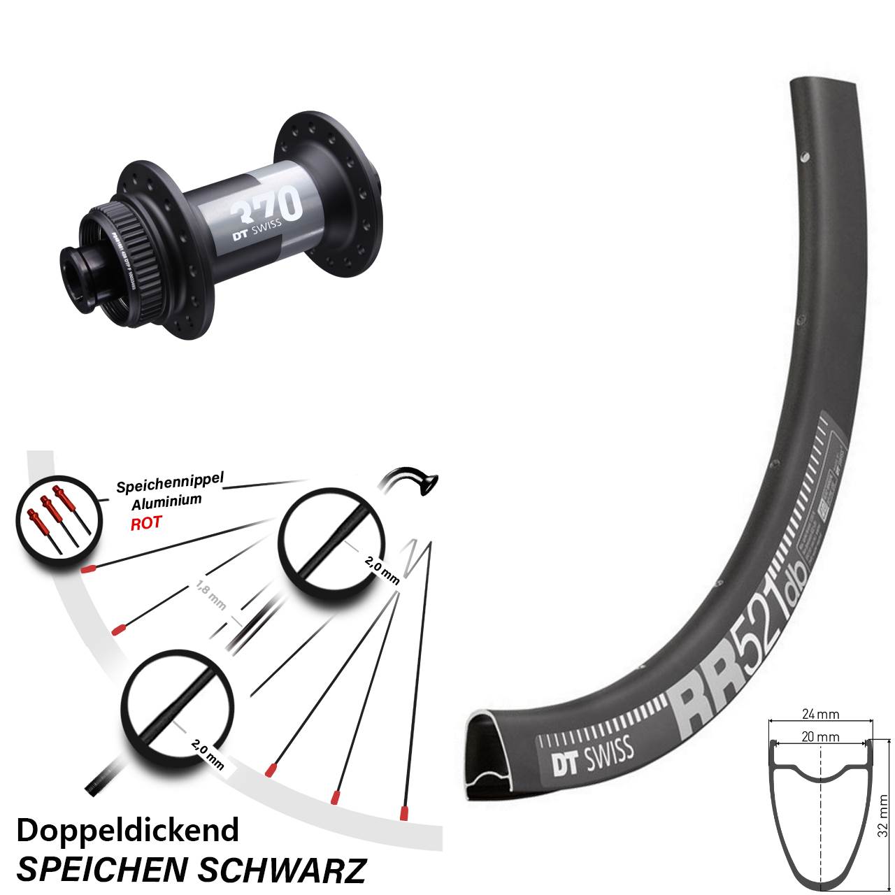 RR 521 DT Swiss 370 Centerlock 12x100 mm 28 Zoll Road Disc Steckachse