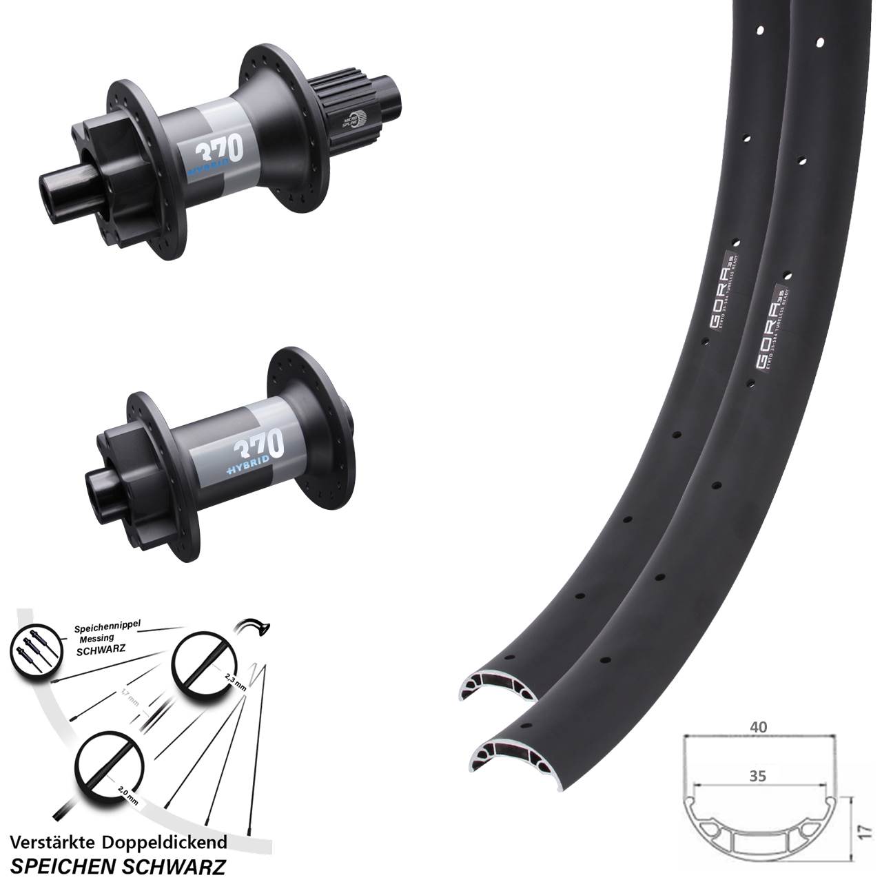 Laufrad-Satz 27,5 Zoll Gora 35 DT Swiss Hybrid 370 Disc 6-Loch Micro Spline 15x110 12x148