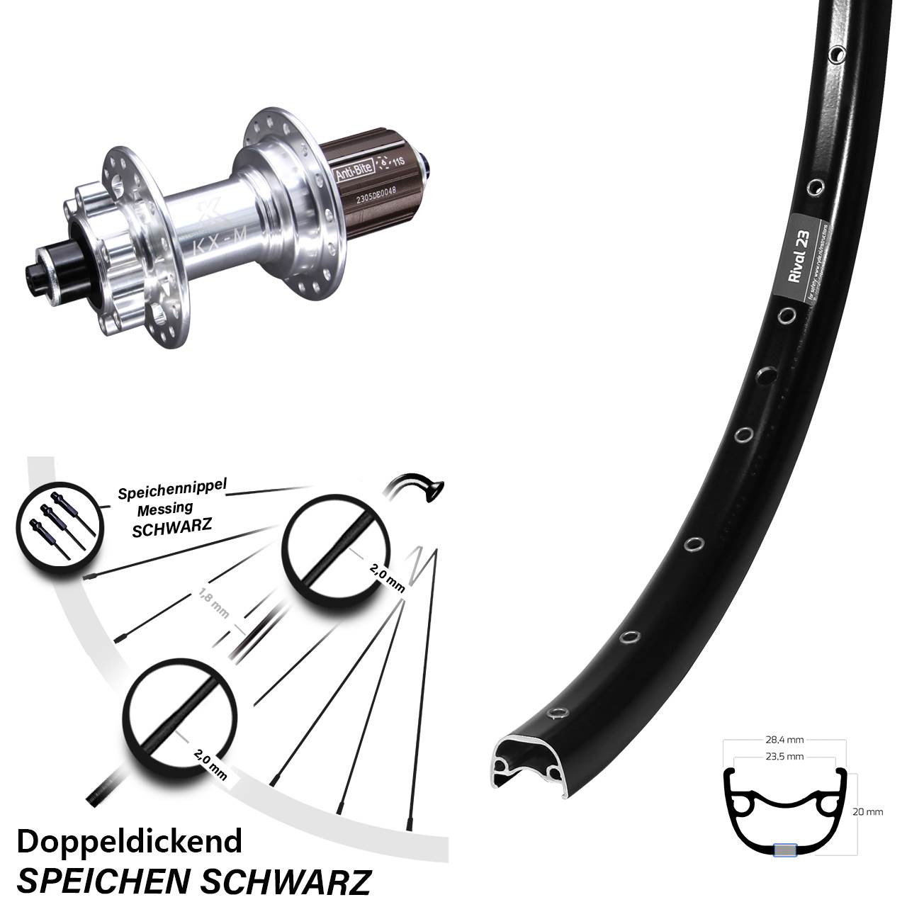 Disc Laufrad 27,5 Zoll Ryde Rival 23 KX-M 8-12 fach für Schnellspanner