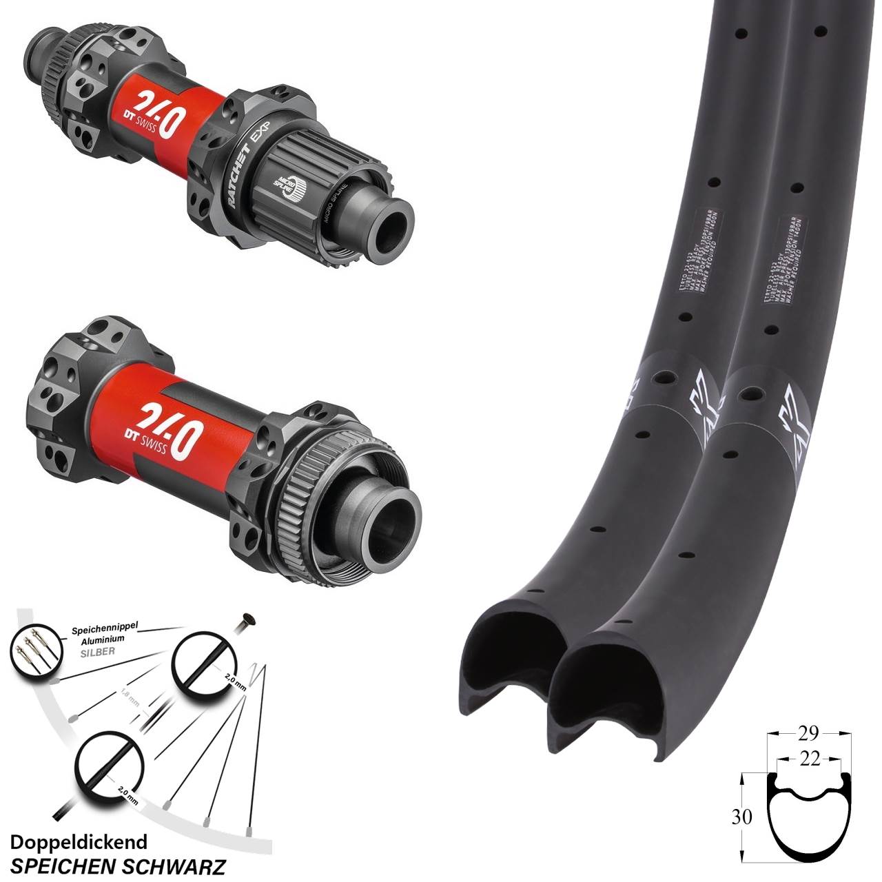 Disc Laufradsatz 29 Zoll KX-RC Carbon DT Swiss 240 EXP Straightpull Boost Micro Spline