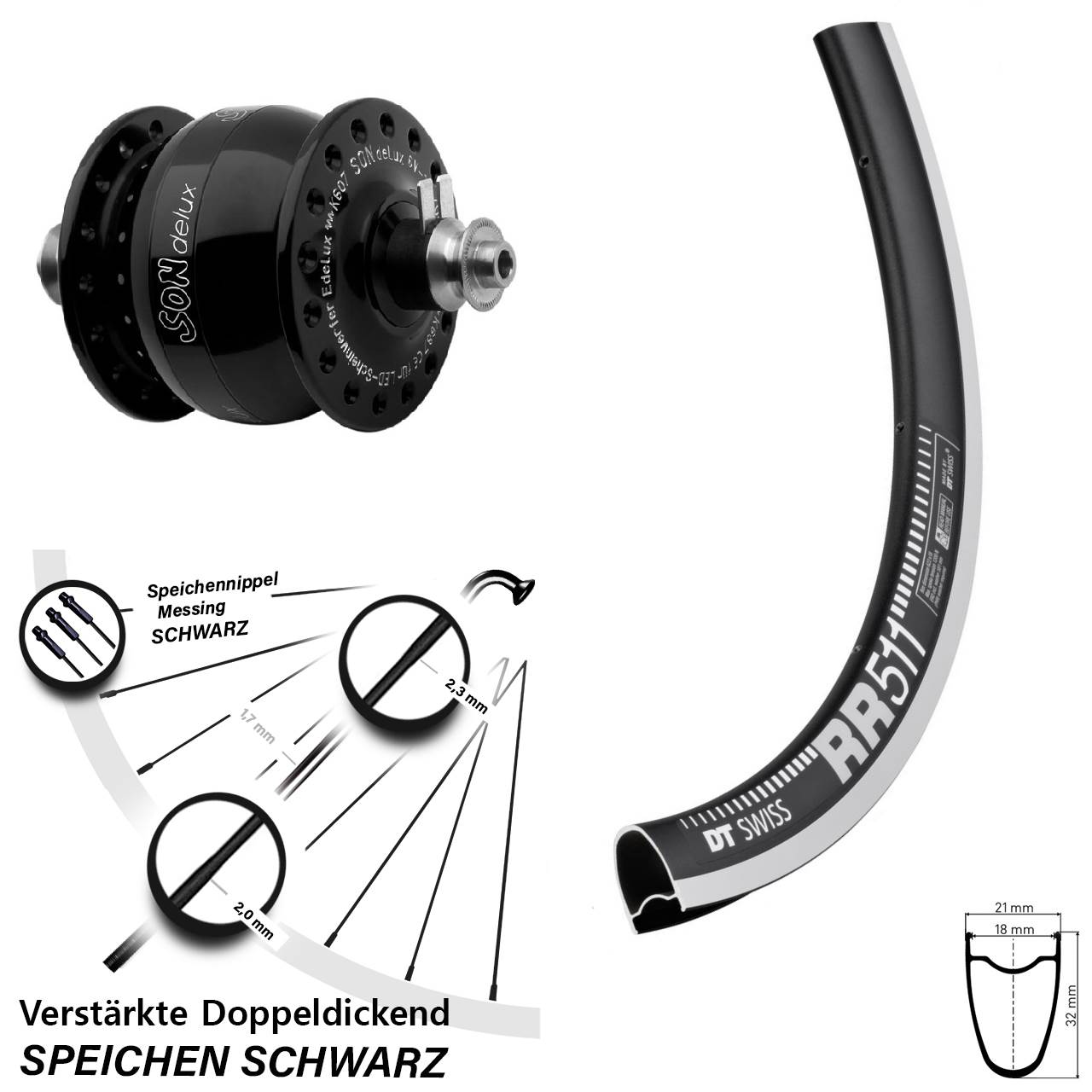 Nabendynamo-Vorderrad 28 Zoll DT Swiss RR511 CNC SON delux QR