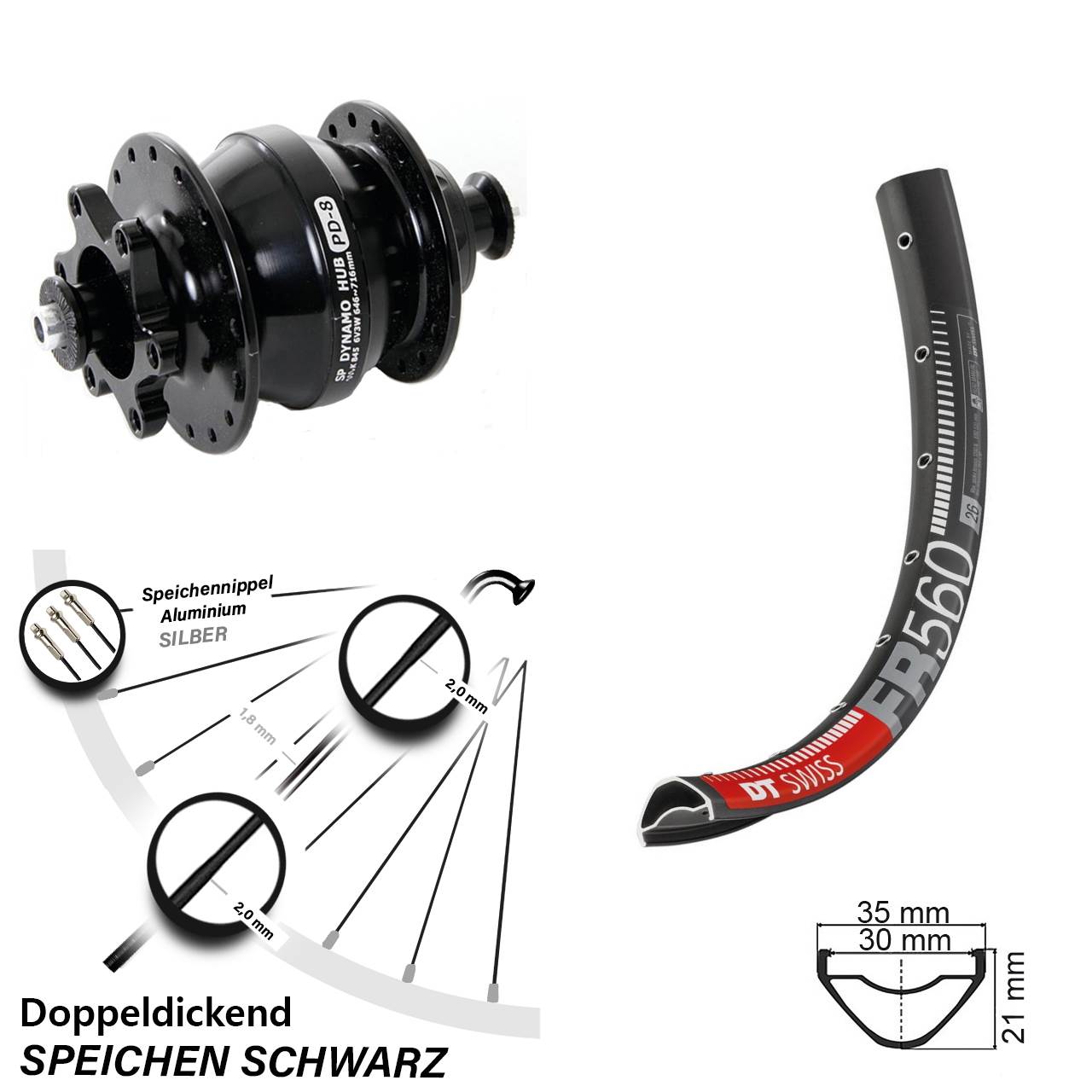 DT Swiss FR560 Shutter PD-8 26 Zoll Vorderrad mit Nabendynamo 6-Loch für Schnellspanner