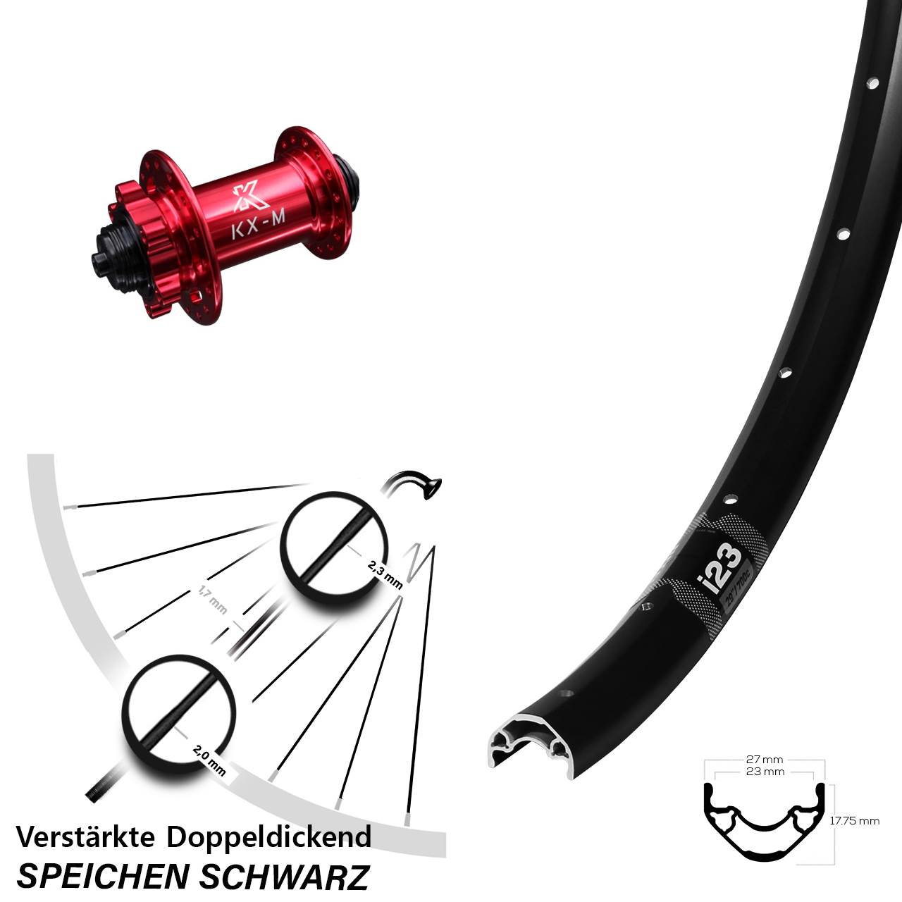 29 Zoll WTB i23 KX-M rot Vorderrad 6-Loch für Schnellspanner