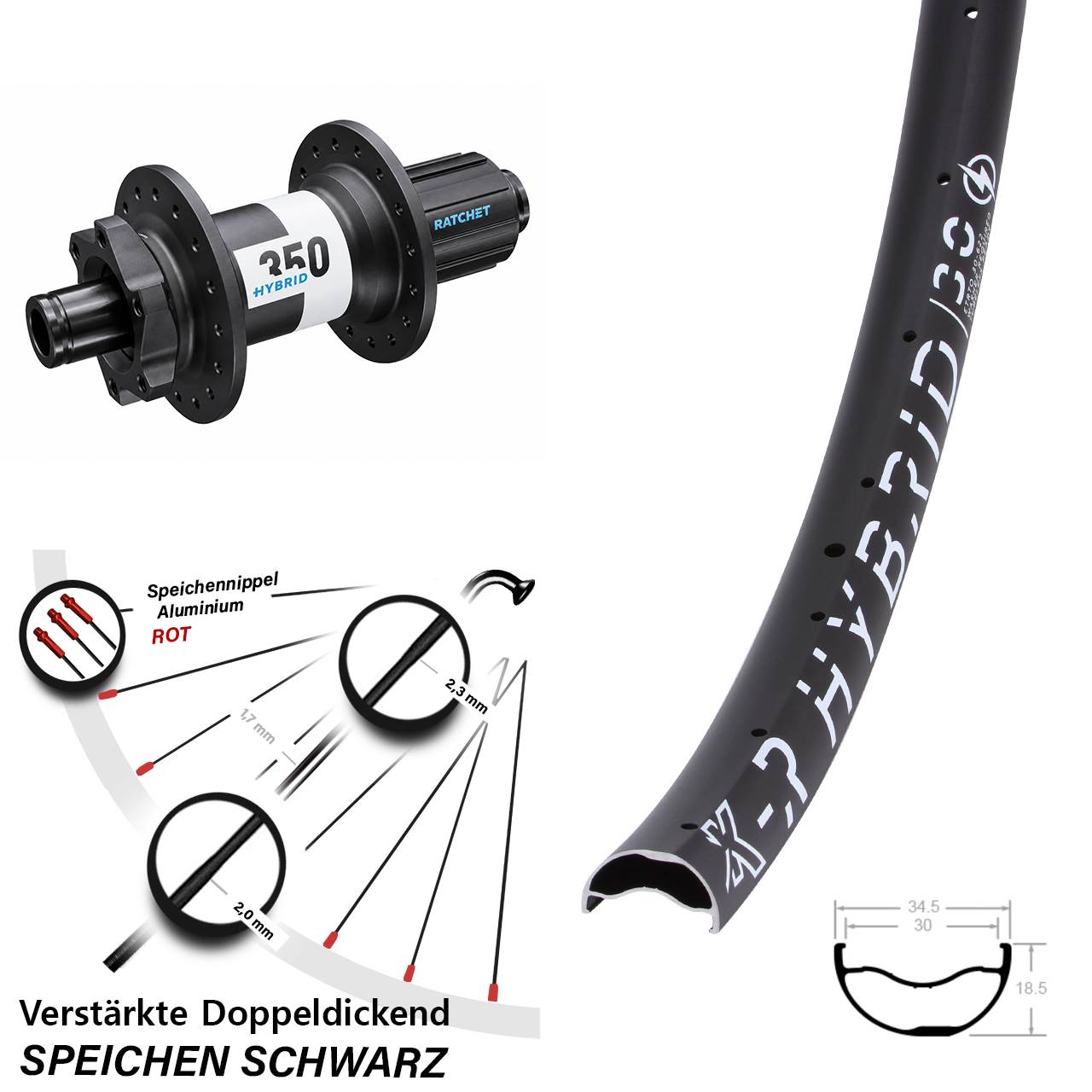 E-Bike Hinterrad KX-R Hybrid 30-622 DT Swiss 350 Boost 29 Zoll verstärkt Shimano 8-11 fach