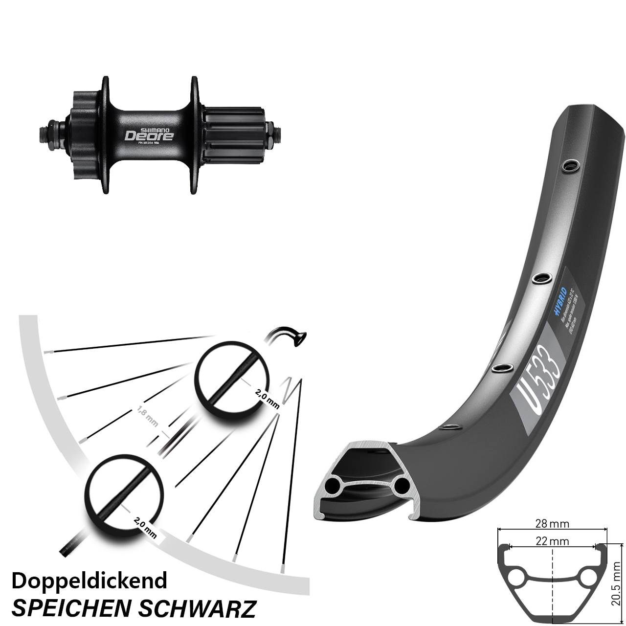 Disc Laufrad 27,5 Zoll DT Swiss U533 Shimano FH-M525 8-11 fach für Schnellspanner