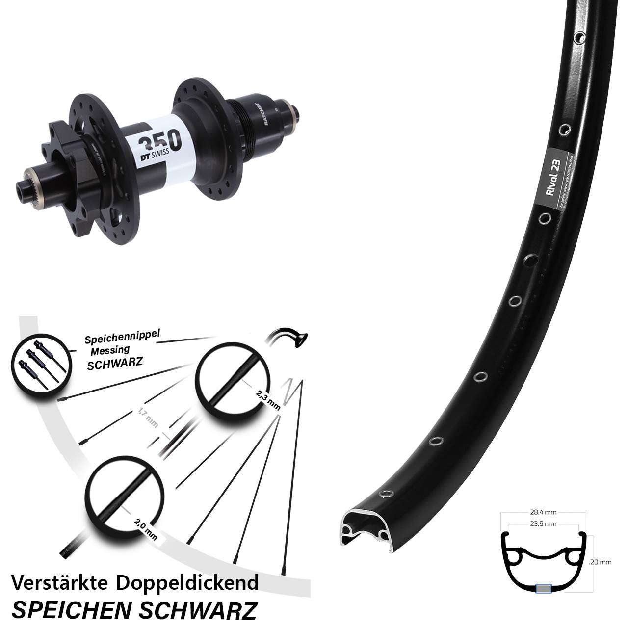 Disc Hinterrad 650B Ryde Rival 23 DT Swiss 350 XD 11-12 fach für Schnellspanner Boost