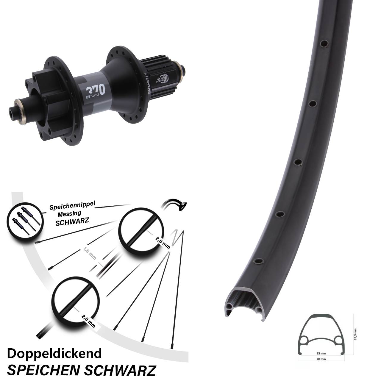 28 Zoll Hinterrad Ambrosio Sport DT Swiss 370 Micro Spline schwarz