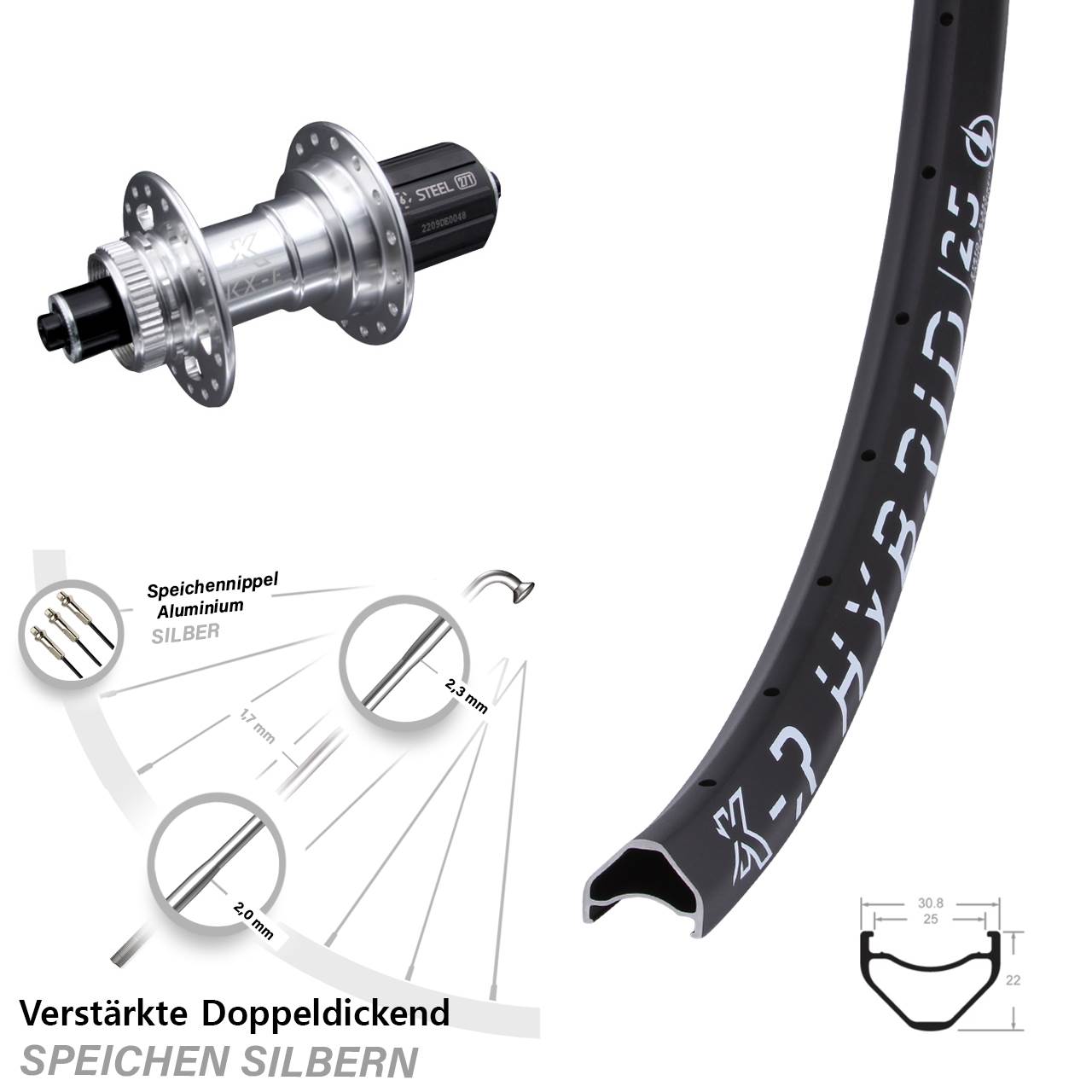 KX-ER Hybrid 25 Hinterrad 29 Zoll E-Bike Centerlock 8-12 fach 5x135 mm Shimano silbern