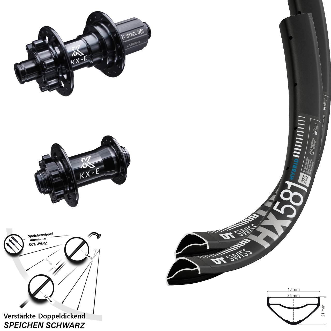 27,5 Zoll DT Swiss HX581 KX-E Disc 6-Loch verstärkt Laufradsatz 15x100 12x142 8-12 fach HG
