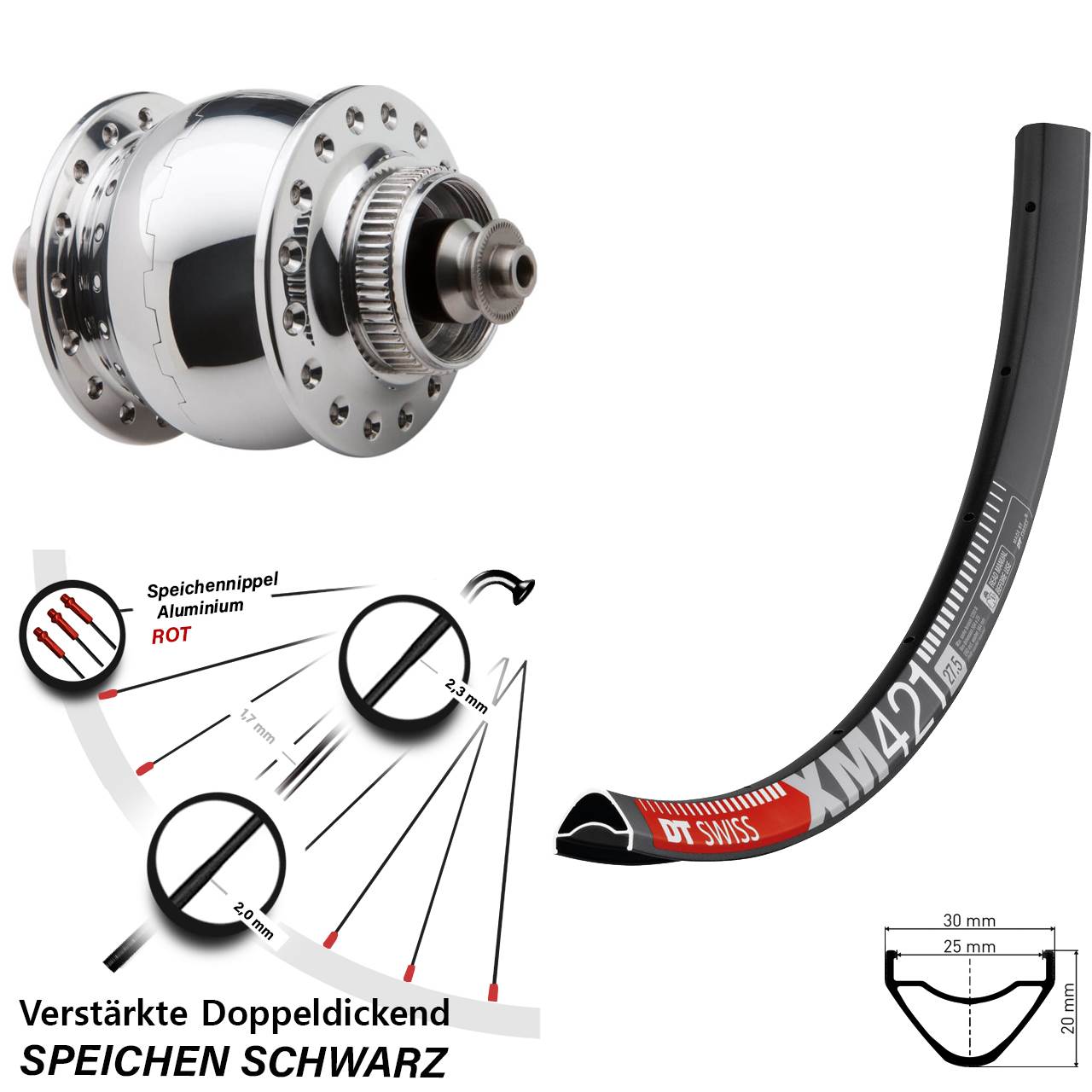 SONdelux DT Swiss XM421 27,5 Zoll Disc Laufrad mit Nabendynamo QR
