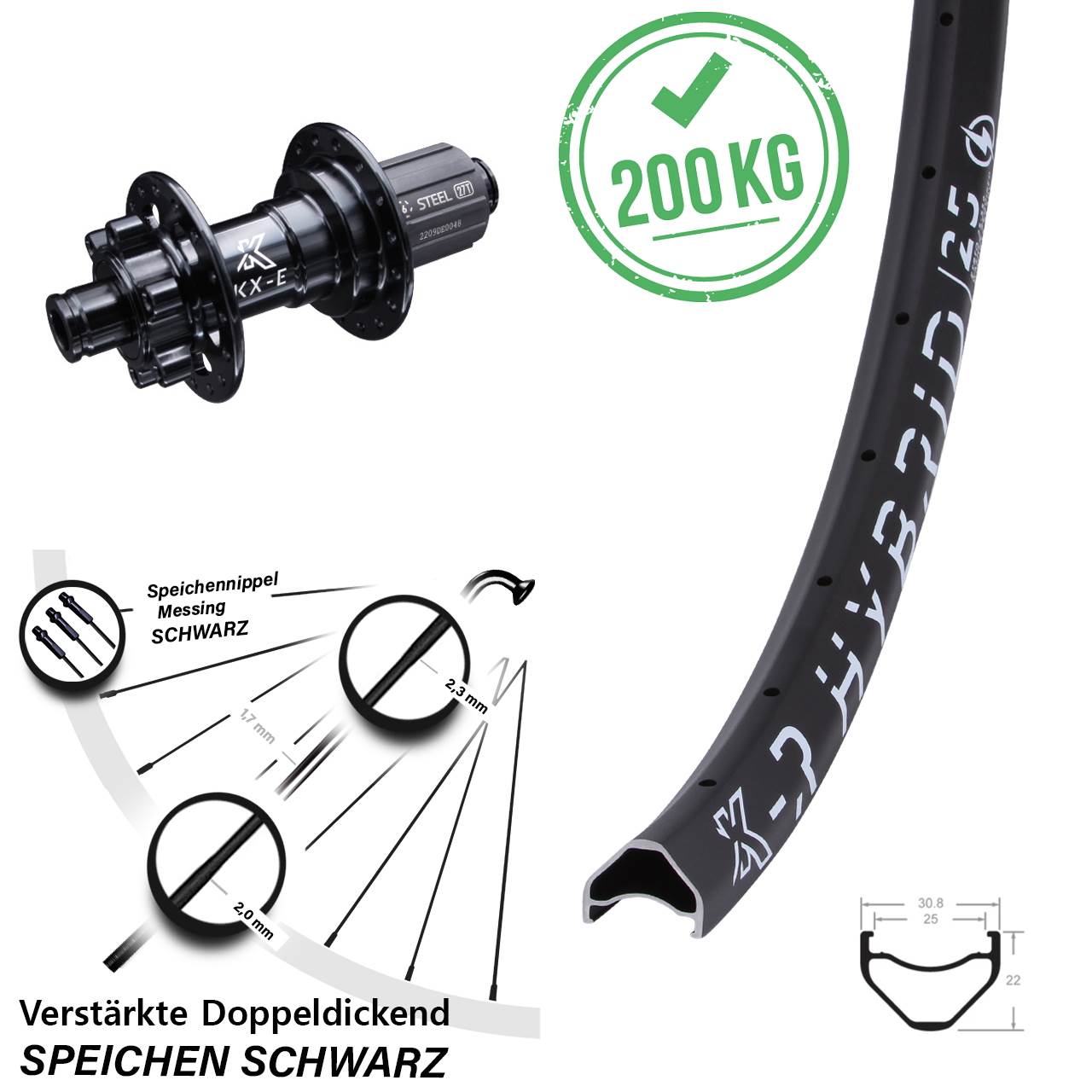 E-Bike 26 Zoll Hinterrad KX-ER Hybrid 25 Shimano 11-fach verstärkt 12x142 mm