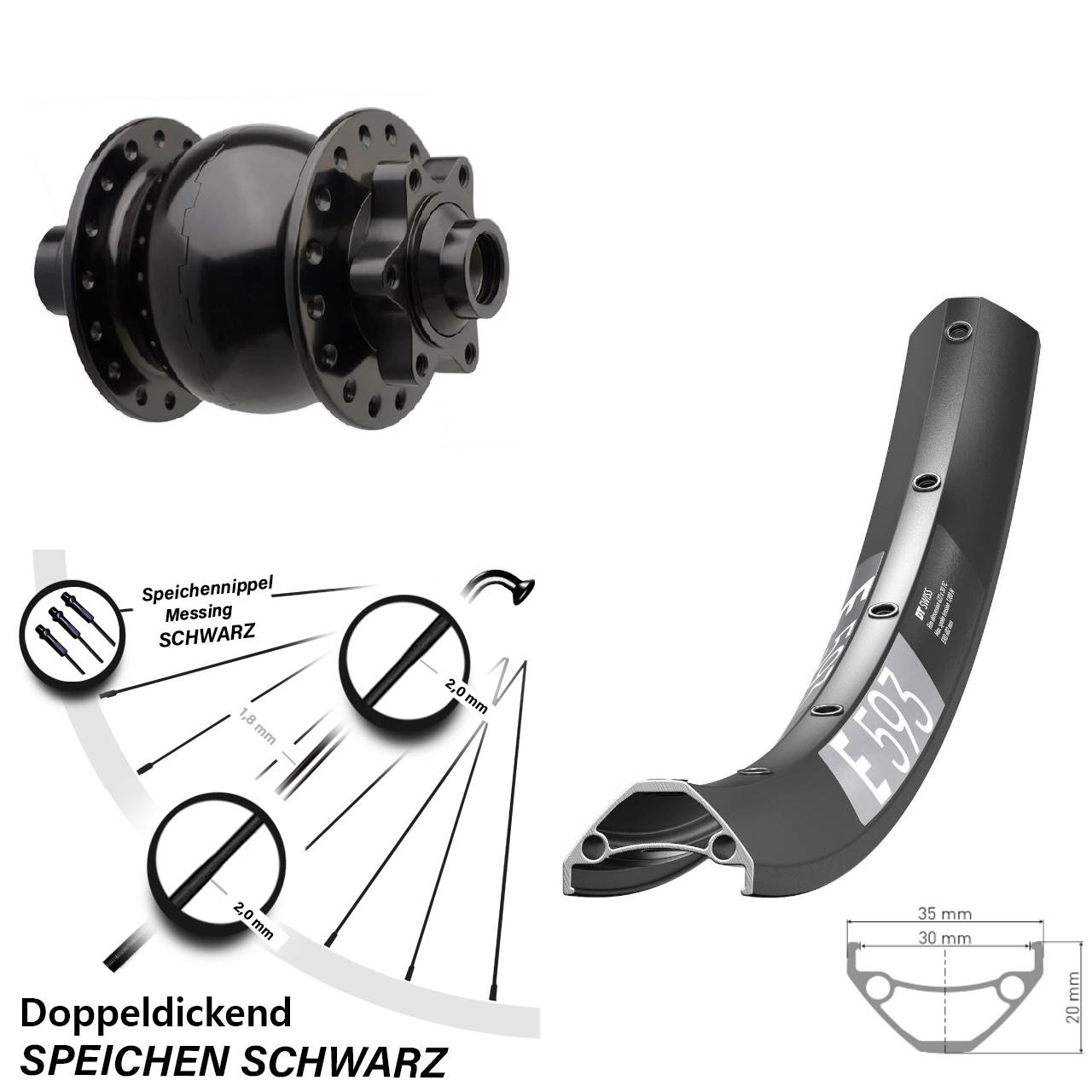 Boost Nabendynamovorderrad 6-Loch 15x110 27,5 Zoll DT Swiss E 593 SON 28