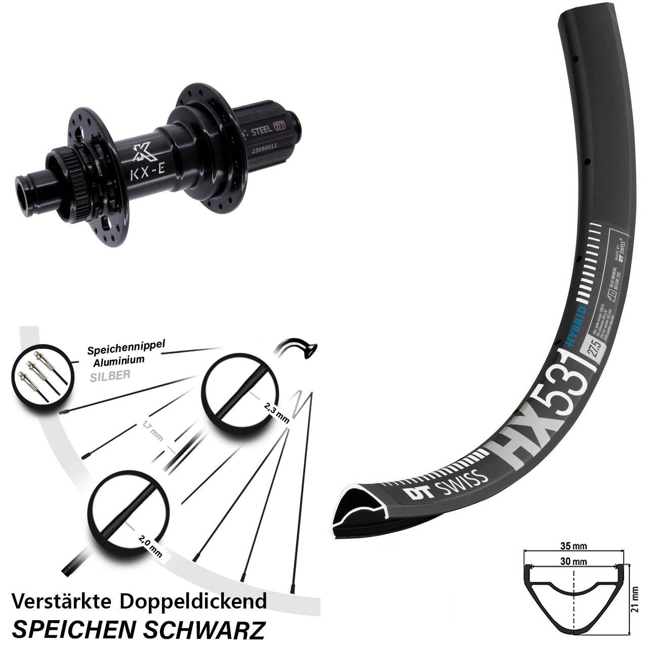 29 Zoll DT Swiss HX 531 KX-E Stahl Freilauf Boost Disc Hinterrad 12x148 8-12 fach HG