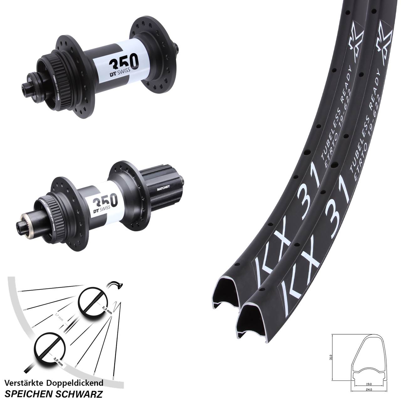 Centerlock Laufradsatz 28 Zoll KX 31 DT Swiss 350 11-12 fach für Schnellspanner