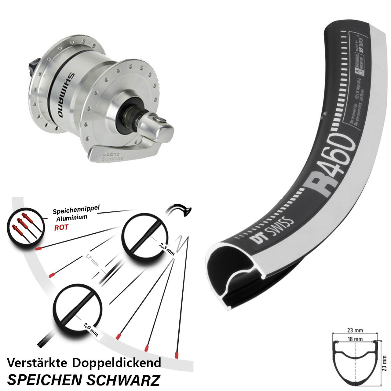 Nabendynamovorderrad QR 28 Zoll DT Swiss R 460 CNC Shimano DH3N72