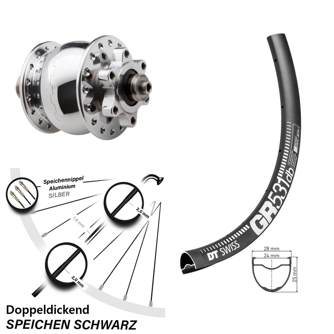 Nabendynamovorderrad 6-Loch QR 650B DT Swiss GR 531 SON 28 poliert