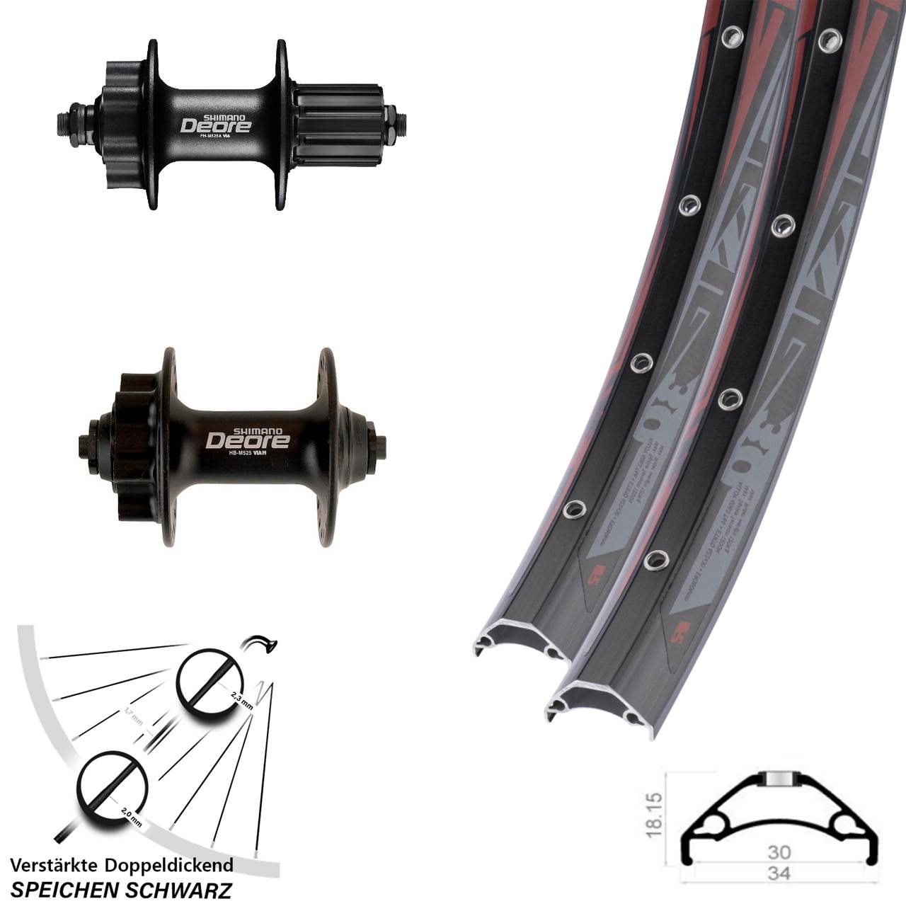 6-Loch Laufradsatz QR 29 Zoll Rodi TRYP 30 Shimano Deore HB-M525 FH-M525 8-11 fach