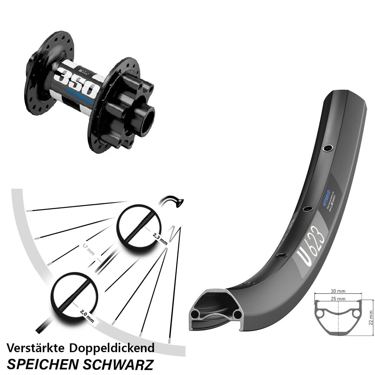 29 Zoll DT Swiss U623-350 Hybrid Vorderrad 6-Loch 15x110 Boost
