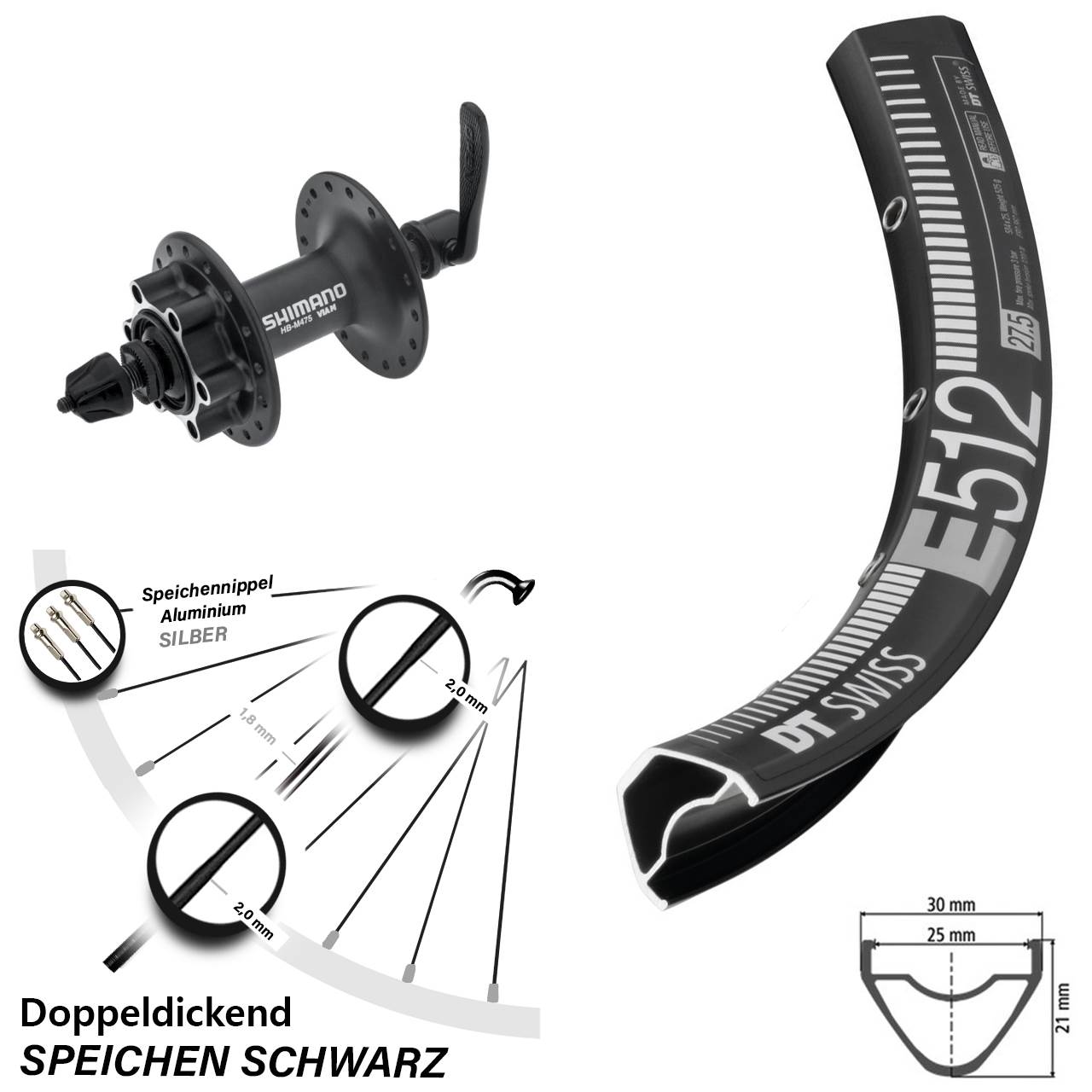 Disc Laufrad 27,5 Zoll DT Swiss E512 Shimano HB-M475 für Schnellspanner