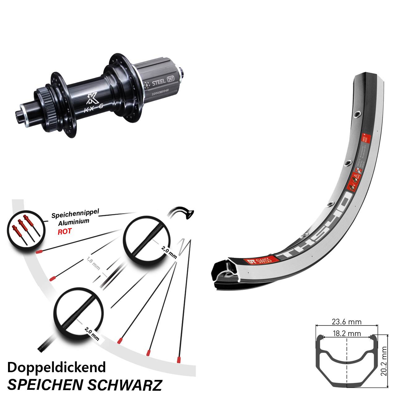 28 Zoll Hinterrad DT Swiss TK 540 Felgenbremse mit KX-GS 5x135 Nabe 8-12 fach