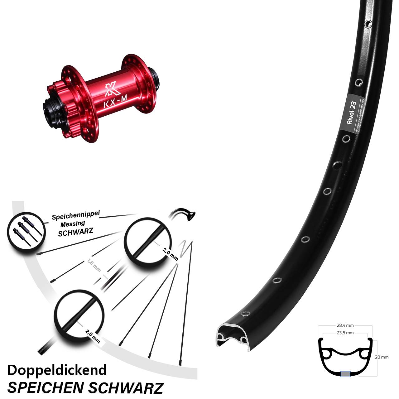 Disc Laufrad 15x100 27,5 Zoll Ryde Rival 23 KX-M rot