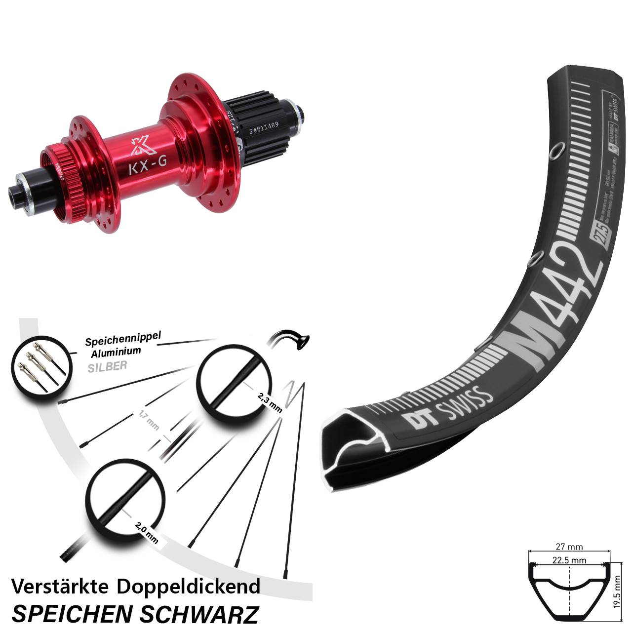 Hinterrad Centerlock 28-29 Zoll DT Swiss M 442 KX-G rot Micro Spline QR