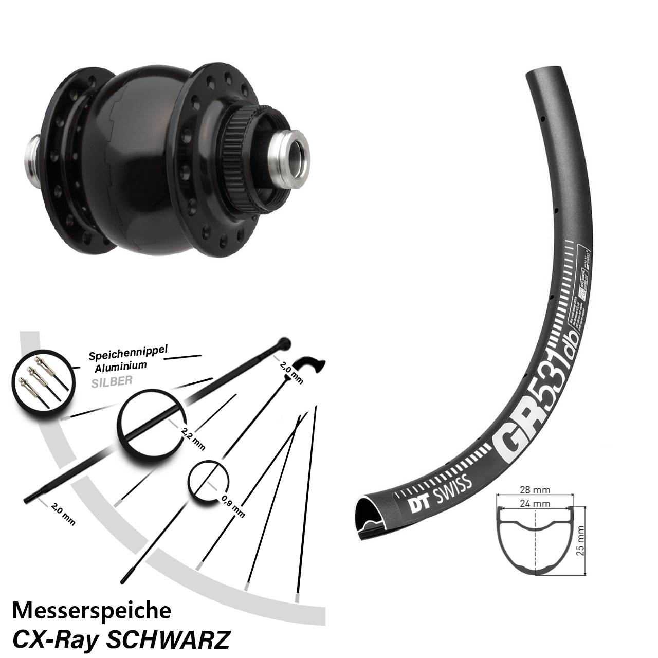 Nabendynamo-Vorderrad Centerlock 28-29 Zoll DT Swiss GR 531 SON 28 12x100 CX-Ray