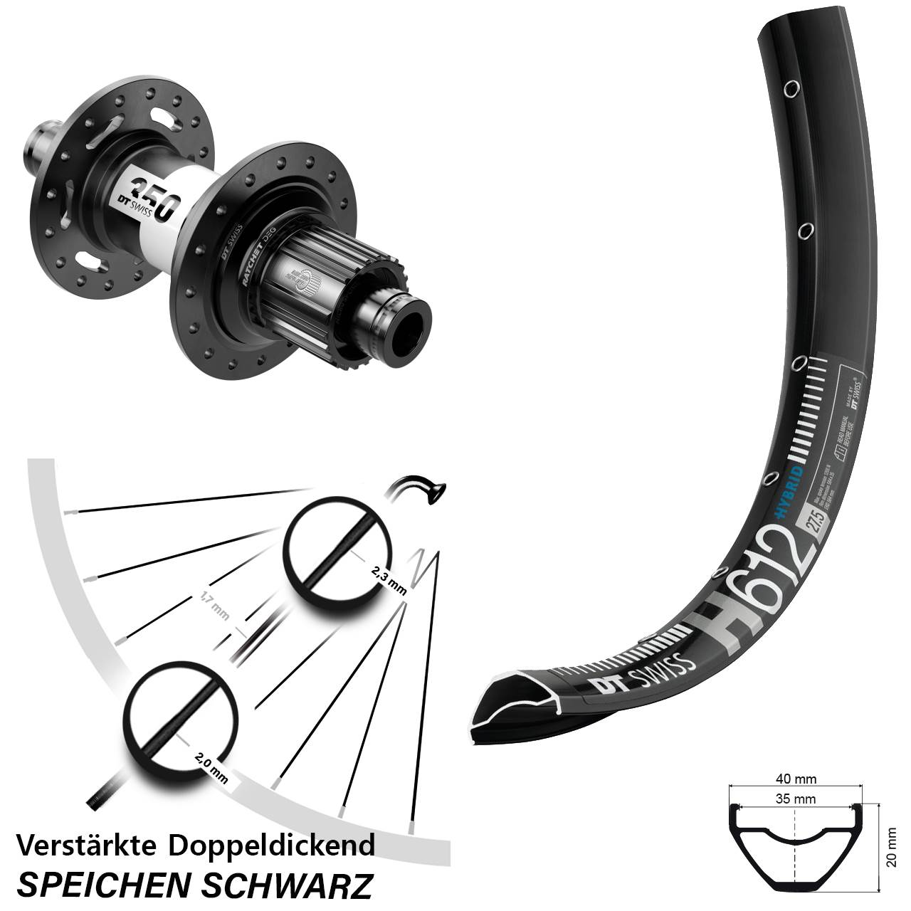 27,5 Zoll DT Swiss H 612-350 DEG 72 Disc Laufrad 12x148 Shimano Micro Spline