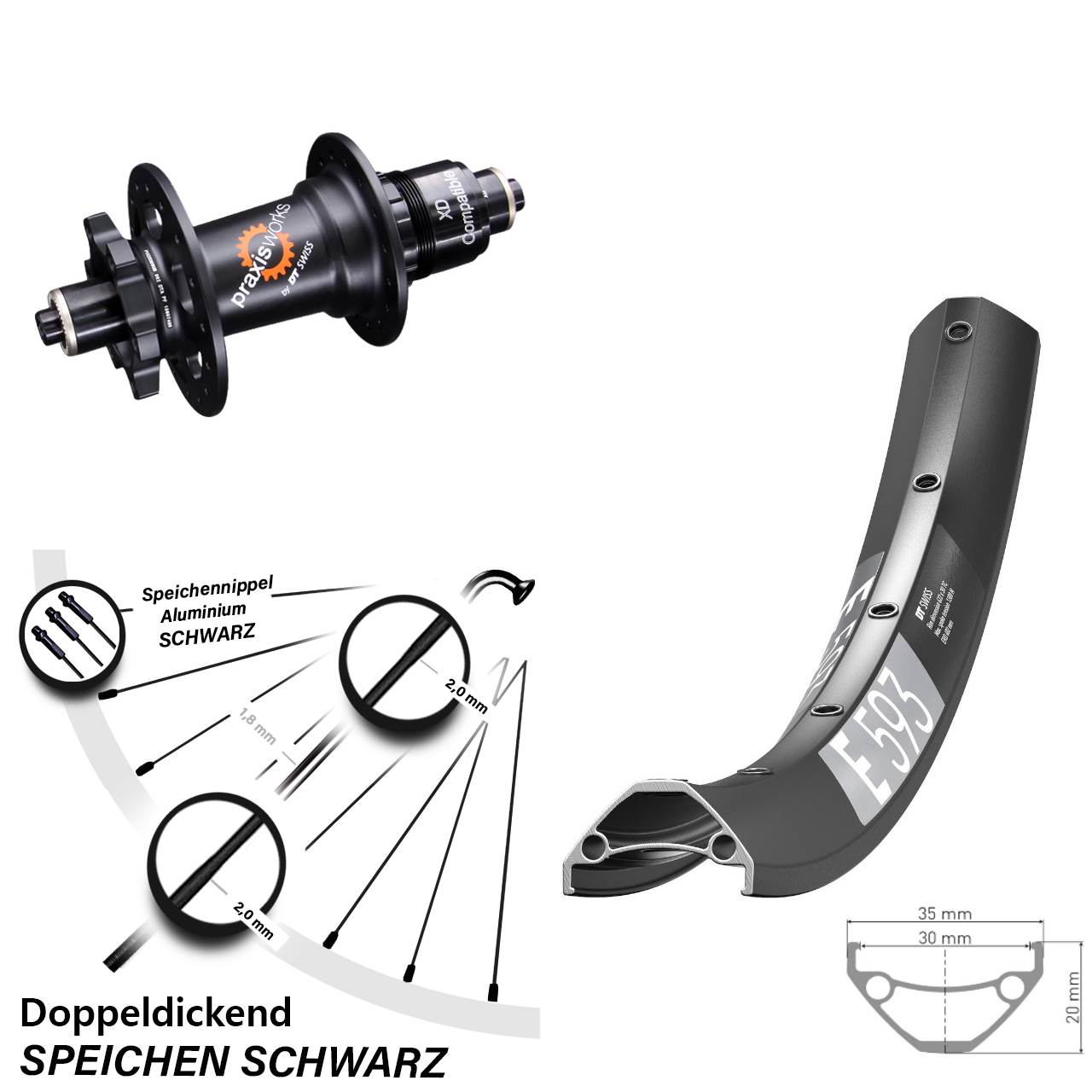 27,5 Zoll DT Swiss E 593 350 Hinterrad 6-Loch für Schnellspanner XD