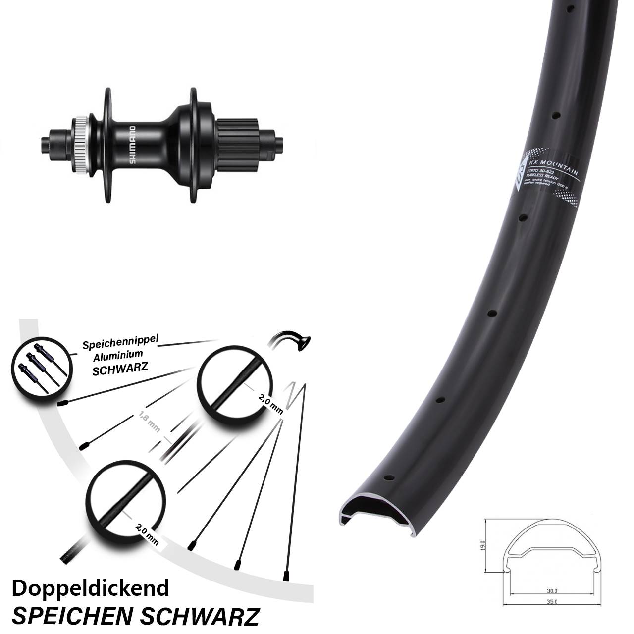 KX Mountain TR Shimano FH-MT500 29 Zoll Hinterrad für Schnellspanner Micro Spline