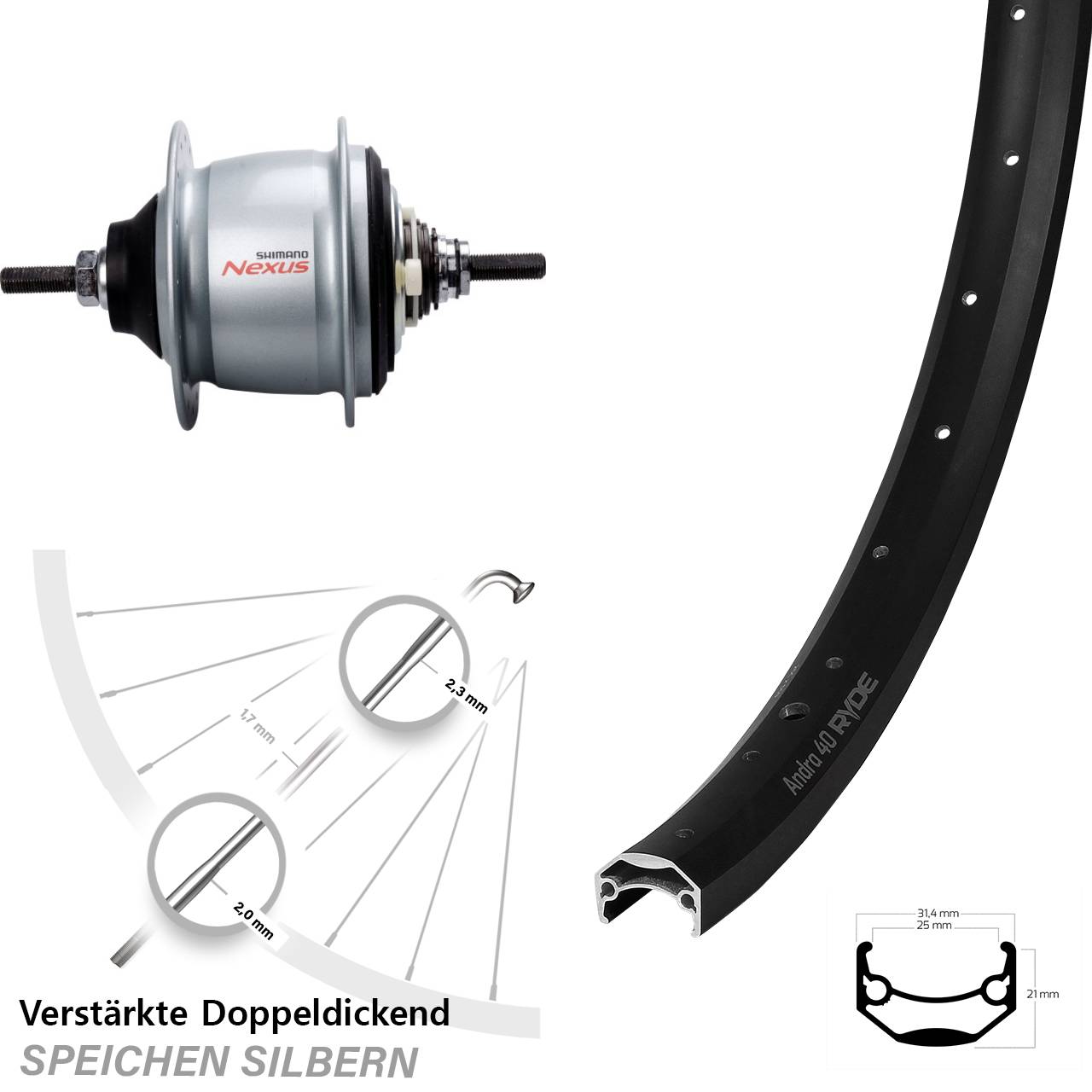 28 Zoll Hinterrad Ryde Andra 40 Shimano SG-C6001-8R Nexus 8 Gang für Rollenbremse