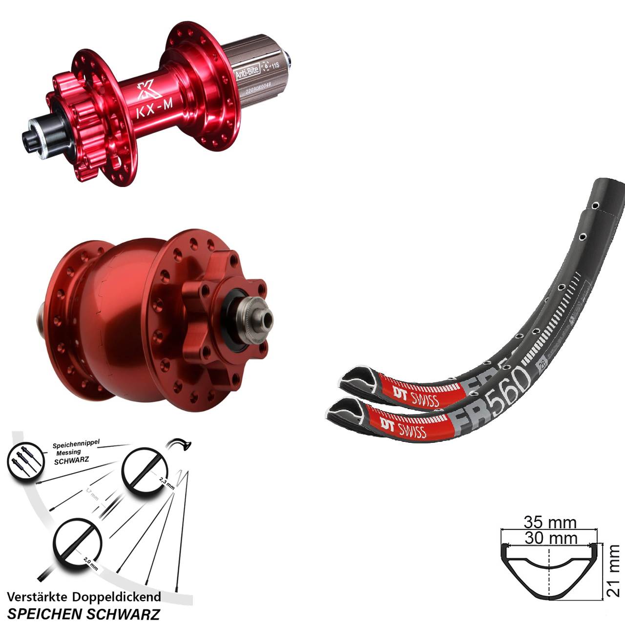 DT Swiss FR560 KX-M rot SON 28 26 Zoll Disc Laufrad-Satz QR 8-12 fach