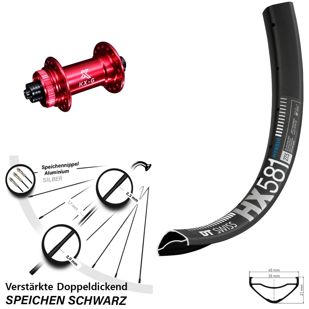 Disc Vorderrad 27,5 Zoll DT Swiss HX581 KX-G rot für Schnellspanner
