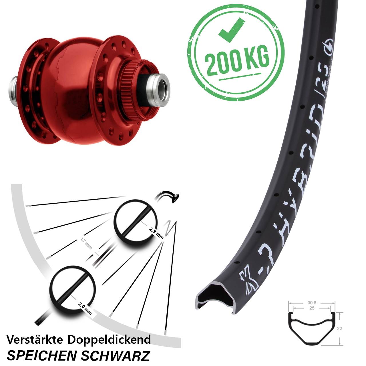 Disc Nabendynamo-Laufrad 27,5 Zoll KX-R Hybrid 25 SON 28 rot 12x100