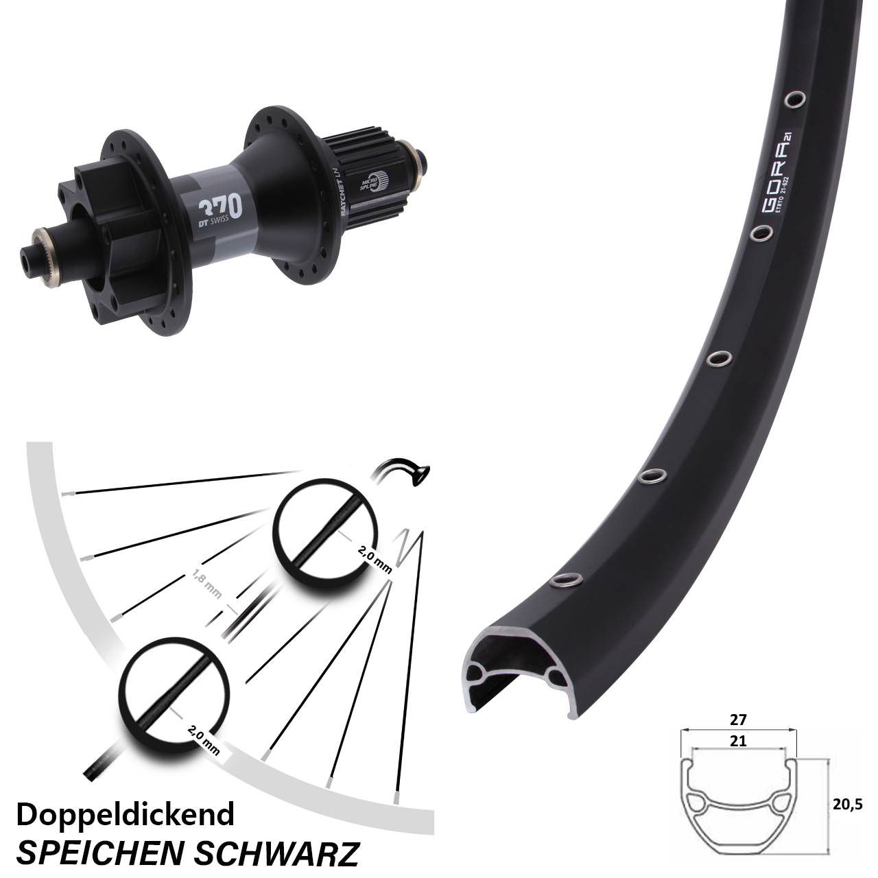 Gora 21 DT Swiss 370 28-29 Zoll Disc Hinterrad für Schnellspanner Micro Spline