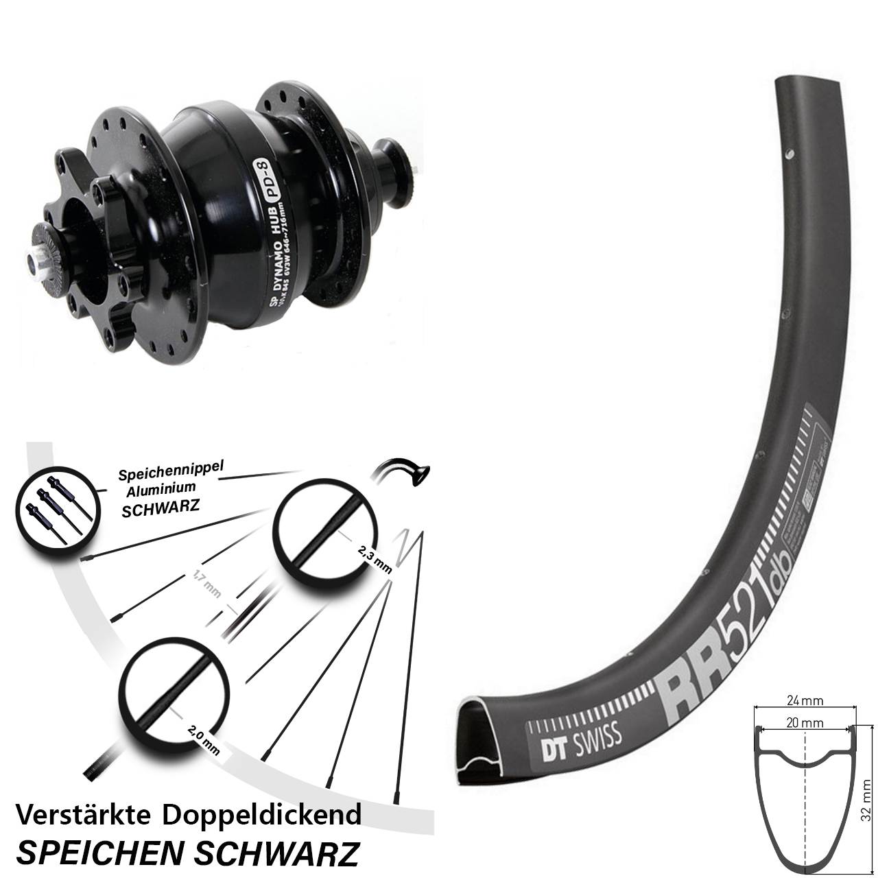 Nabendynamovorderrad 6-Loch QR 28 Zoll DT Swiss RR 521 Shutter Precision PD-8