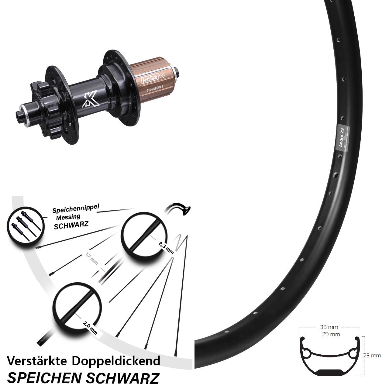 Hinterrad 27,5 Zoll breite Felge Ryde Andra 29-584 ETRTO KX-M Nabe 6-Loch Schnellspanner