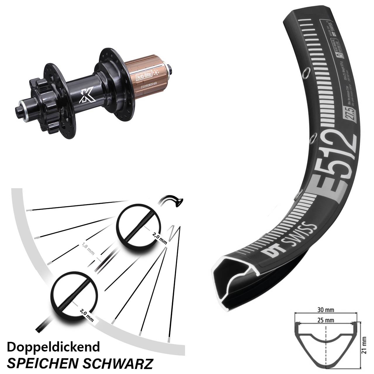 DT Swiss E 512 KX-M 27,5 Zoll Disc Laufrad für Schnellspanner 8-12 fach HG