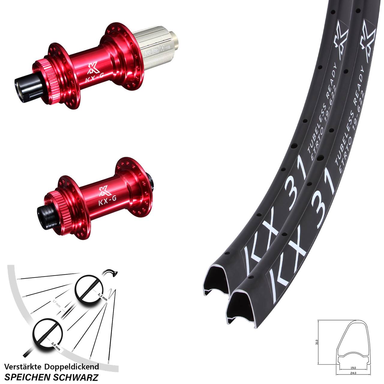 KX-G 31 rot 28 Zoll Laufradsatz Centerlock 15x100 12x142 8-12 fach