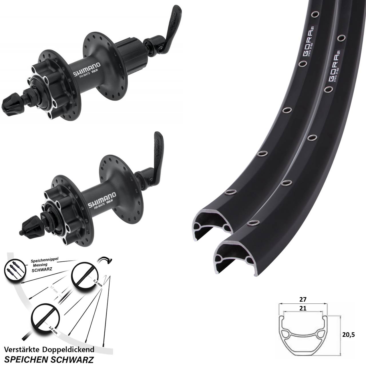 Gora 21 Shimano HB-M475 Shimano FH-M475 28-29 Zoll Laufradsatz 6-Loch QR 8-11 fach HG