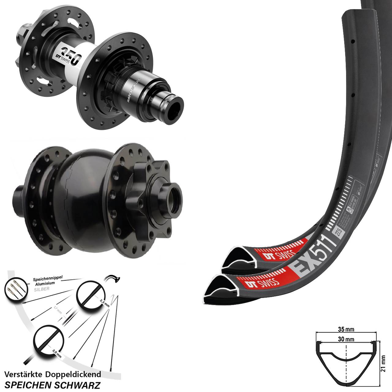 6-Loch Laufradsatz 27,5 Zoll DT Swiss EX511 350 DEG72 SON 28 XD 11-12 fach Boost