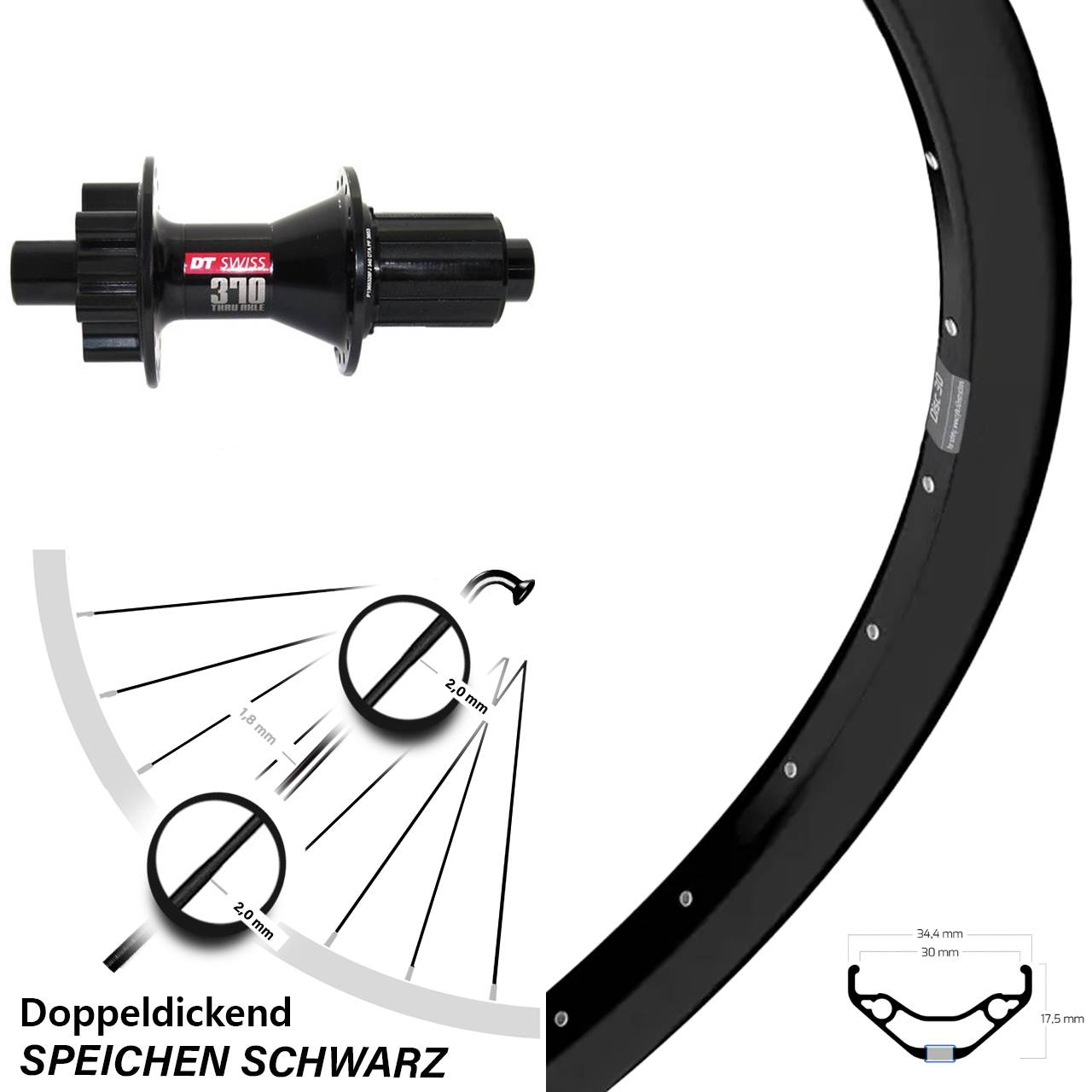 6-Loch Hinterrad 27,5 Zoll Ryde Disc 30 DT Swiss 370 8-11 fach 12x142