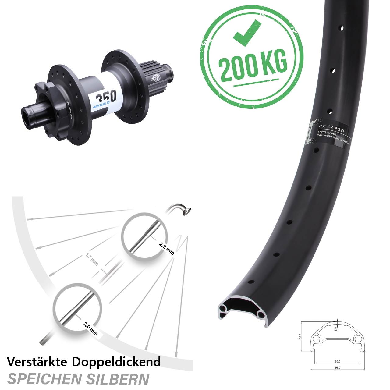 Disc Laufrad 20 Zoll KX Cargo DT Swiss 350 Hybrid Micro Spline 12x148