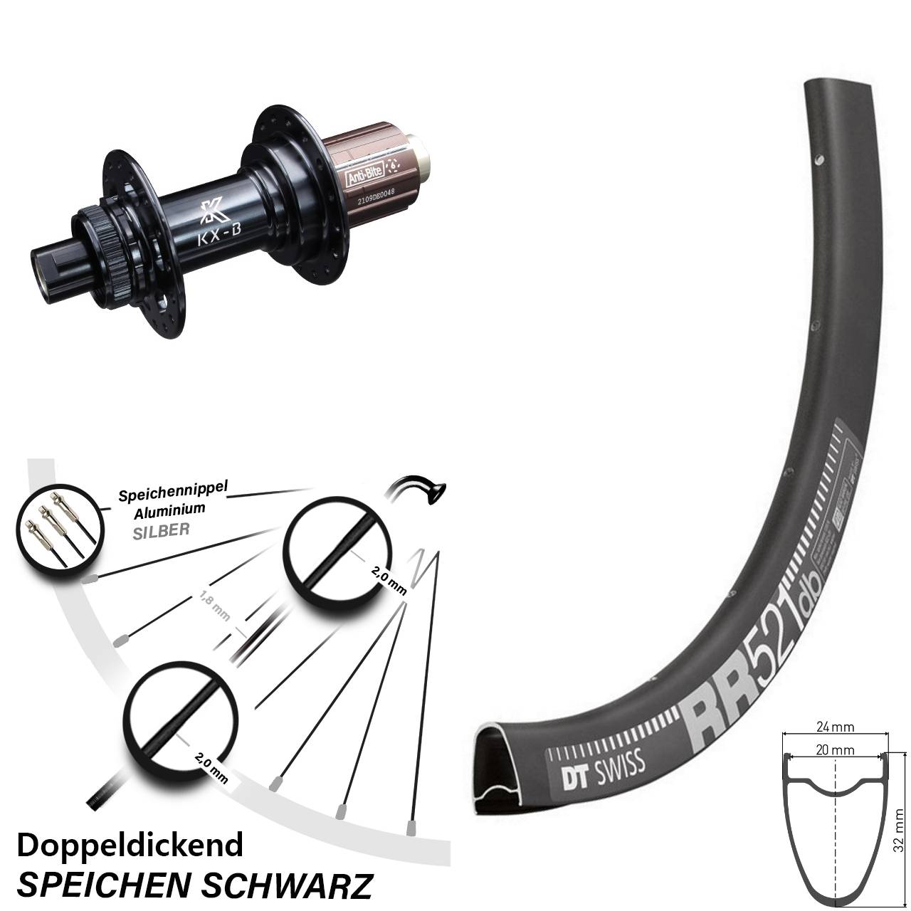 Hinterrad 28 Zoll DT Swiss RR521 KX-B 8-12 fach Centerlock 12x148 Boost