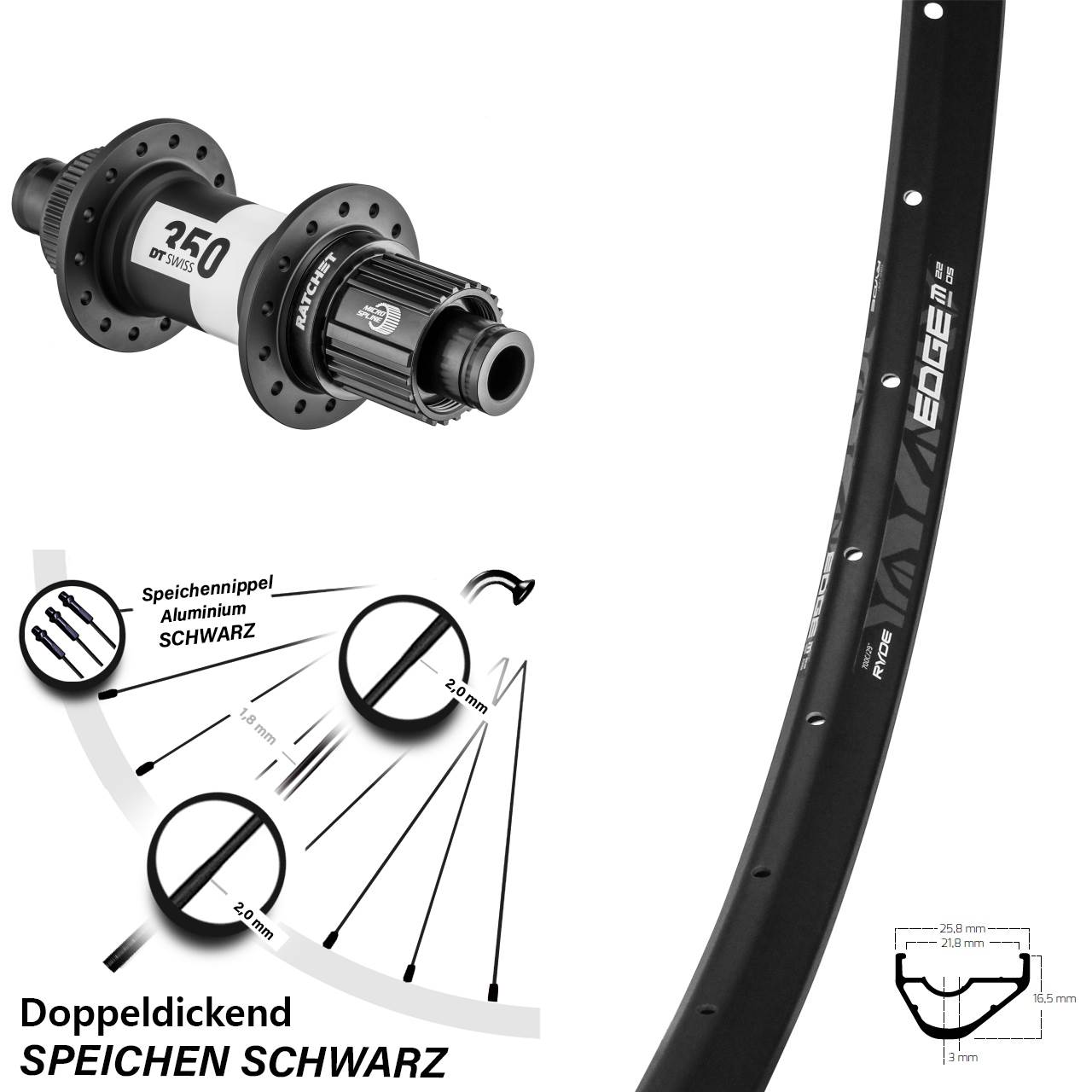 28 Zoll Ryde Edge M22 OS DT Swiss 350 Hinterrad Centerlock 12x142 Micro Spline