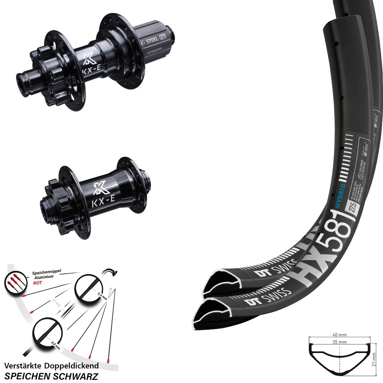 27,5 Zoll DT Swiss HX581 KX-E Disc 6-Loch verstärkt Laufradsatz 15x100 12x142 8-12 fach HG
