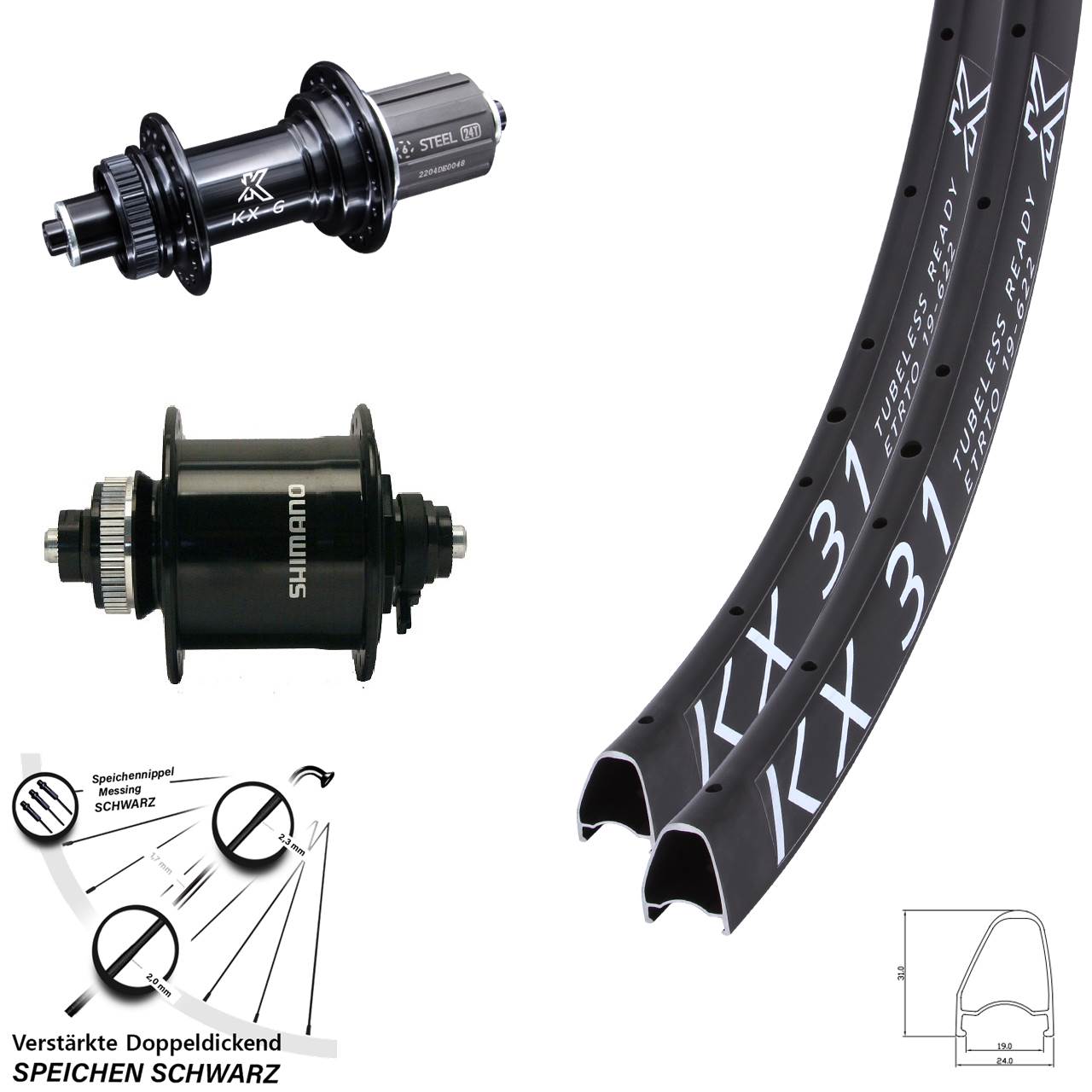 28 Zoll KX-GS 31 Offset Shimano DH-UR700 Disc Laufradsatz QR 8-12 fach