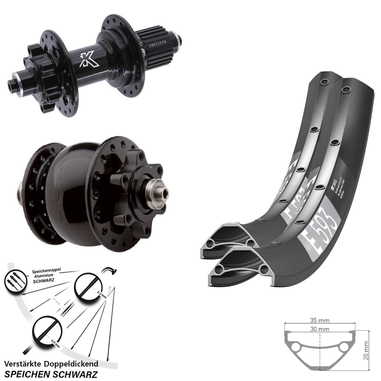 Disc Laufrad-Satz für Schnellspanner 27,5 Zoll DT Swiss E593 KX-M SON 28 Micro Spline