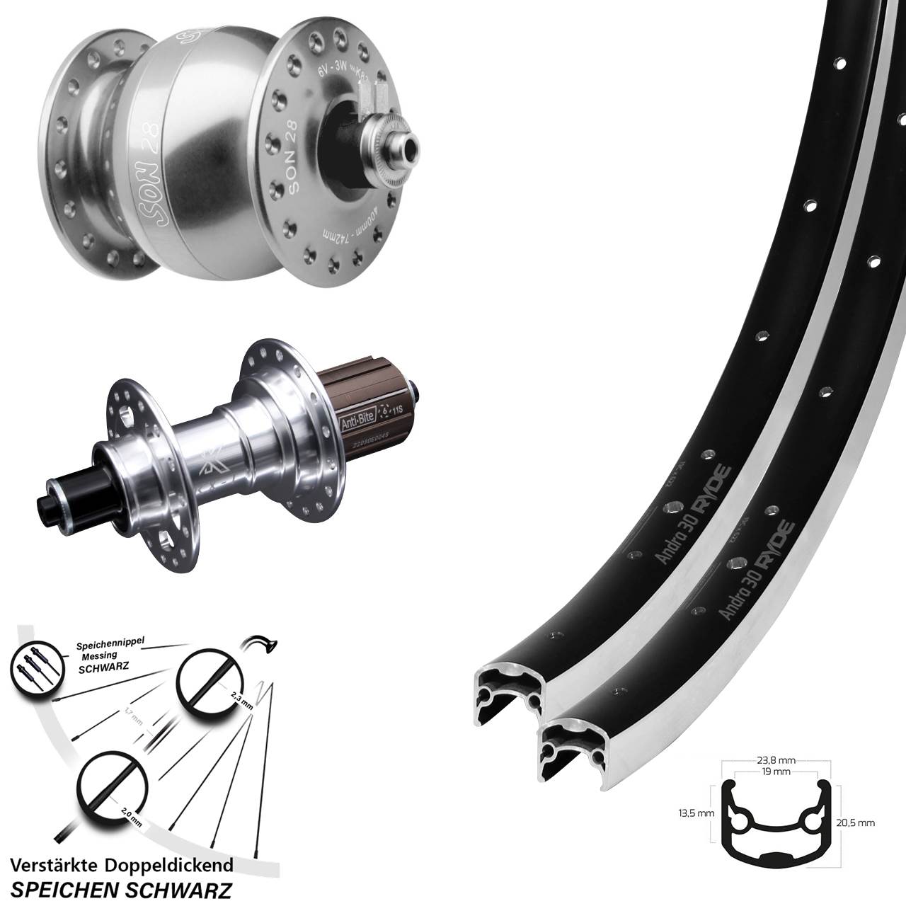 26 Zoll Ryde Andra 30 KX-T SON 28 Laufrad-Satz QR 8-12 fach HG