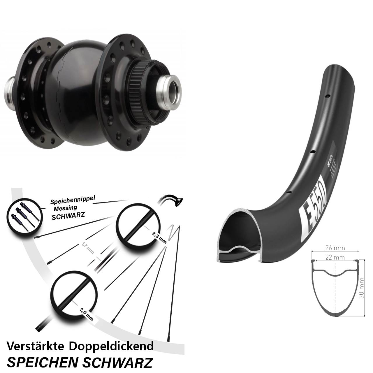 Nabendynamovorderrad SON 28 Zoll DT Swiss E550 12x110 Boost